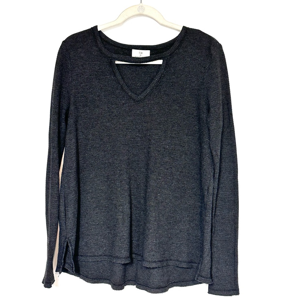 T. La Anthropologie Gray Thermal Knit Long Sleeve V Neck Top Women’s Size XS - Picture 2 of 9